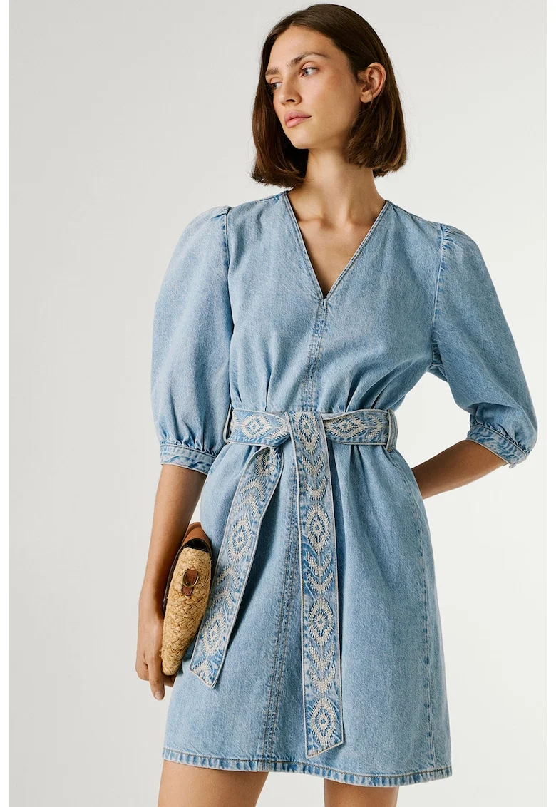 Rochie scurta din denim cu decolteu in V, Bej/Albastru deschis melange