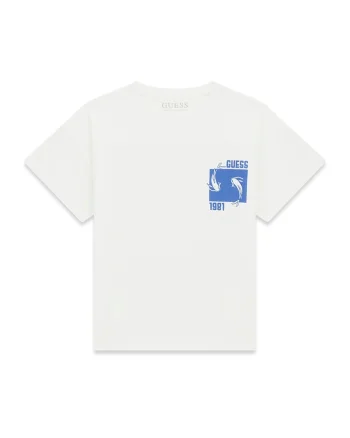 Tricou cu decolteu la baza gatului si imprimeu grafic, Alb/Albastru deschis