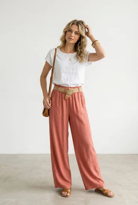 Pantaloni dama lejeri din tencel, cu talie elastica si curea, roz inchis