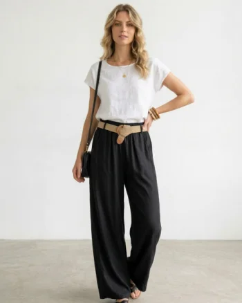 Pantaloni dama lejeri din tencel, cu talie elastica si curea, negri