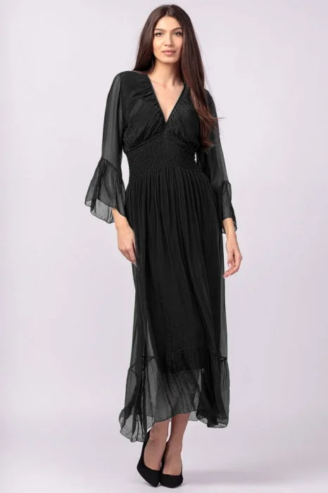 Rochie neagra din matase si vascoza cu banda elastica in talie si volane