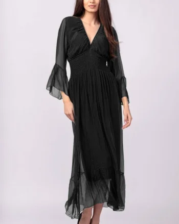 Rochie neagra din matase si vascoza cu banda elastica in talie si volane