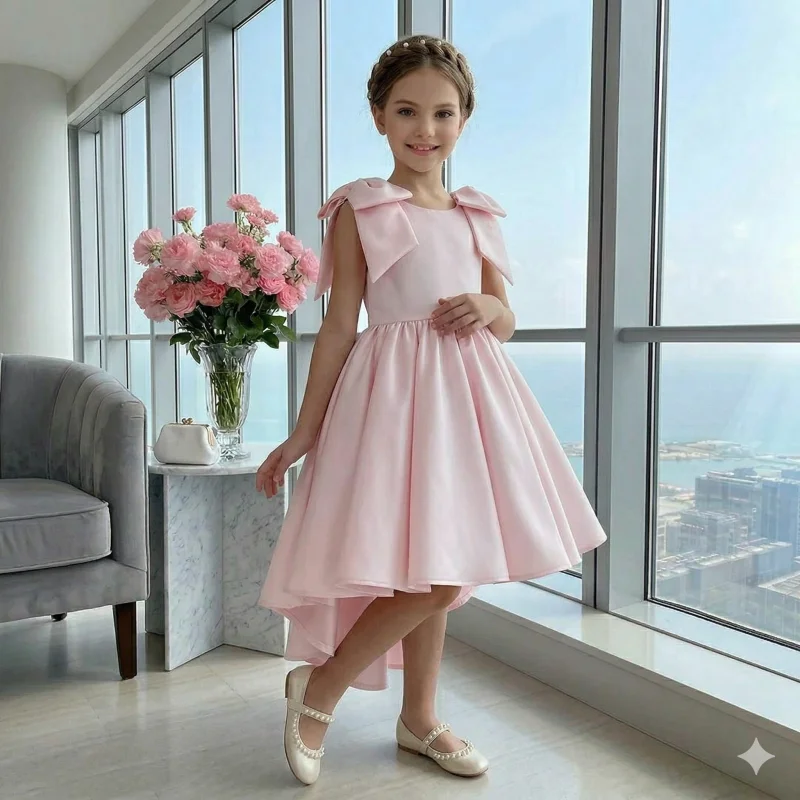 Rochie roz eleganta cu trena din tafta pentru fete - Fiona