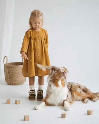 Rochie galben-mustar cu maneca lunga din in pentru fete - Charlie