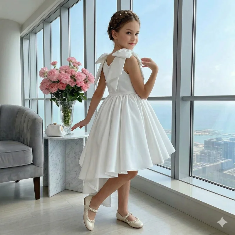 Rochie alba eleganta cu trena din tafta pentru fete - Fiona