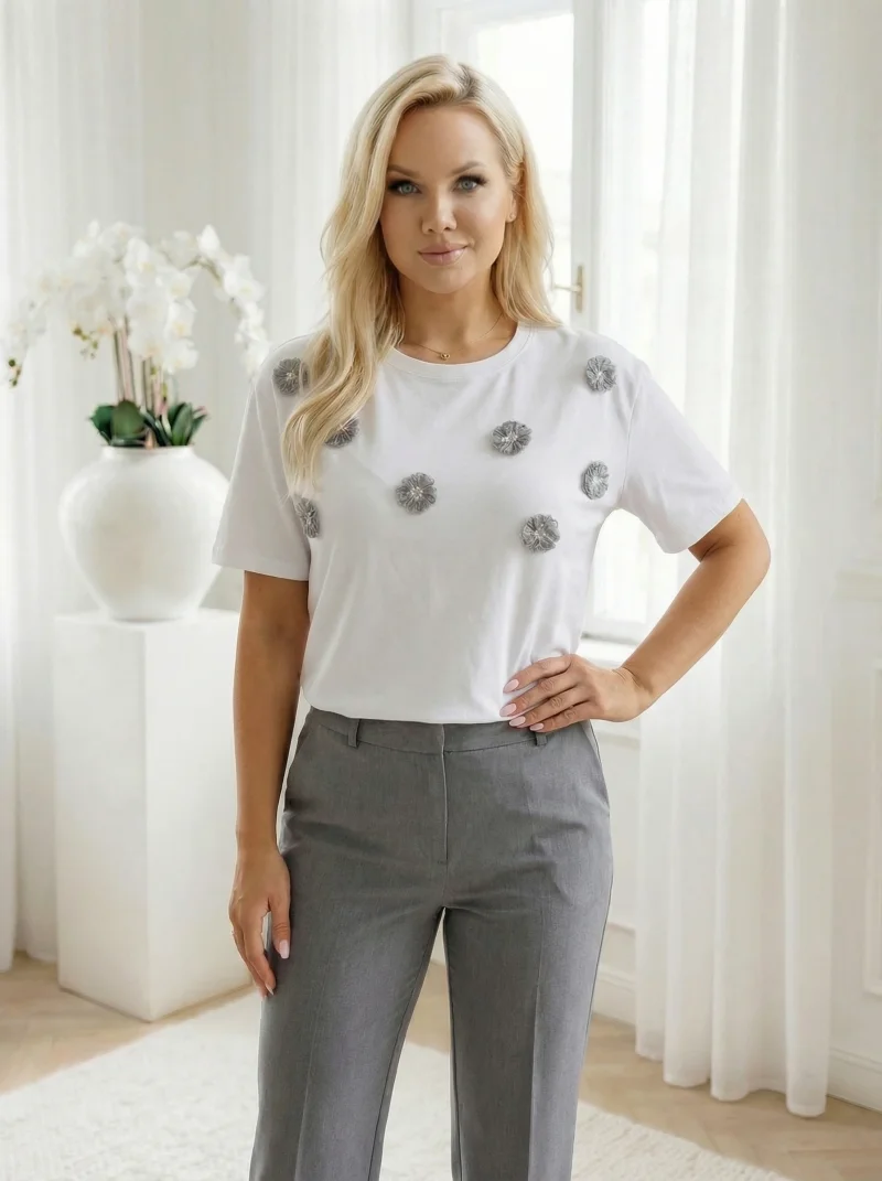 Tricou din bumbac cu flori 3D gri