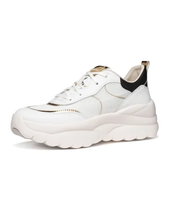 Pantofi sport cu piele si aspect masiv, Alb/Negru/Auriu deschis