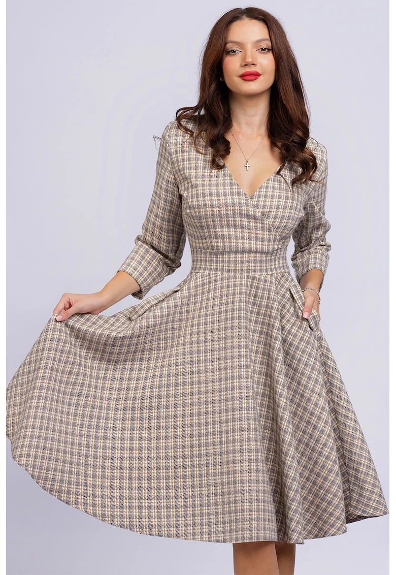 Rochie mini cu croiala in A si buzunare, Maro deschis/Maro nisip/Alb murdar
