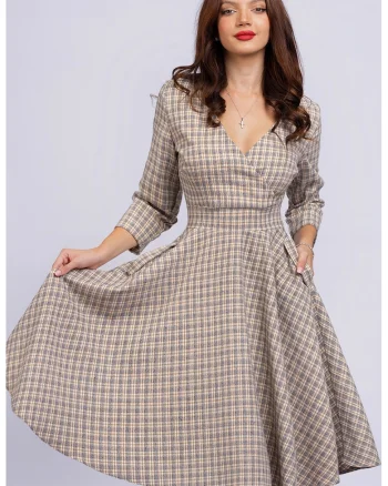Rochie mini cu croiala in A si buzunare, Maro deschis/Maro nisip/Alb murdar