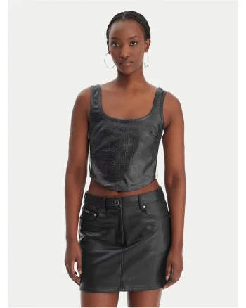 Top dama,  slim fit, negru, piele ecologica, Negru