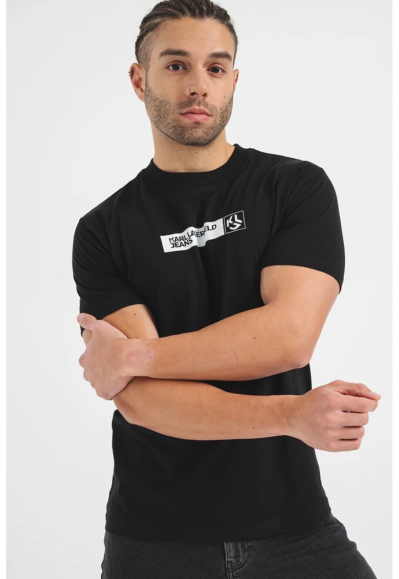 Tricou slim fit cu logo, Negru/Alb optic