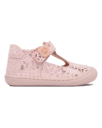 Pantofi copii,  piele naturala, roz, inchidere velcro, model floral