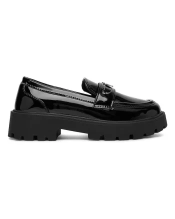 Mocasini fete,  negru, material sintetic, toc bloc