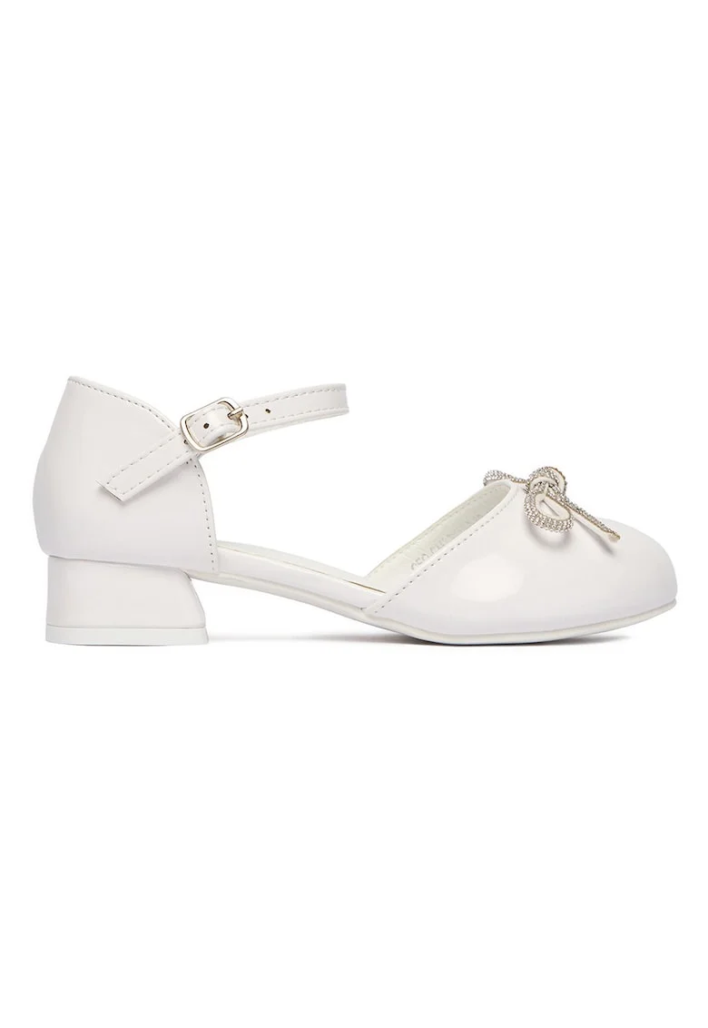 Pantofi fete,  alb, sintetic, toc bloc, ornamente zirconiu