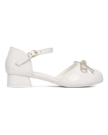 Pantofi fete,  alb, sintetic, toc bloc, ornamente zirconiu