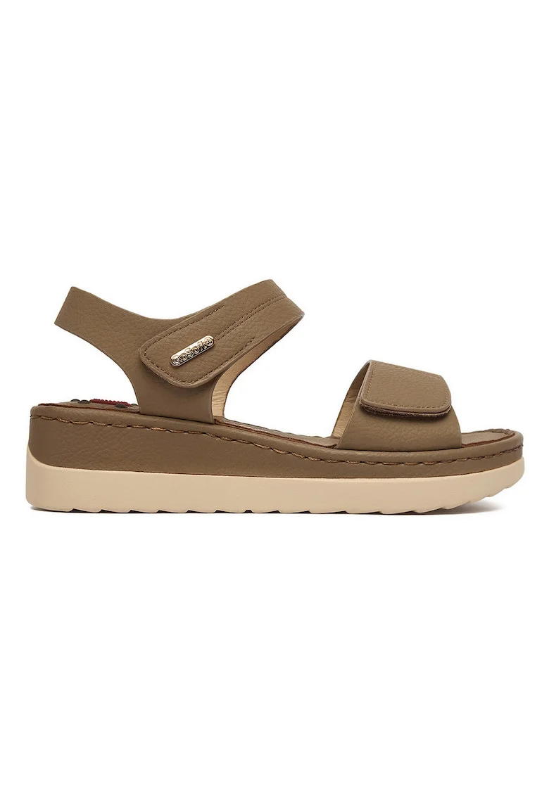 Sandale dama,  velcro, bej, material textil,