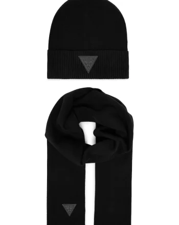Set fular si caciula barbati,  negru, One Size INTL