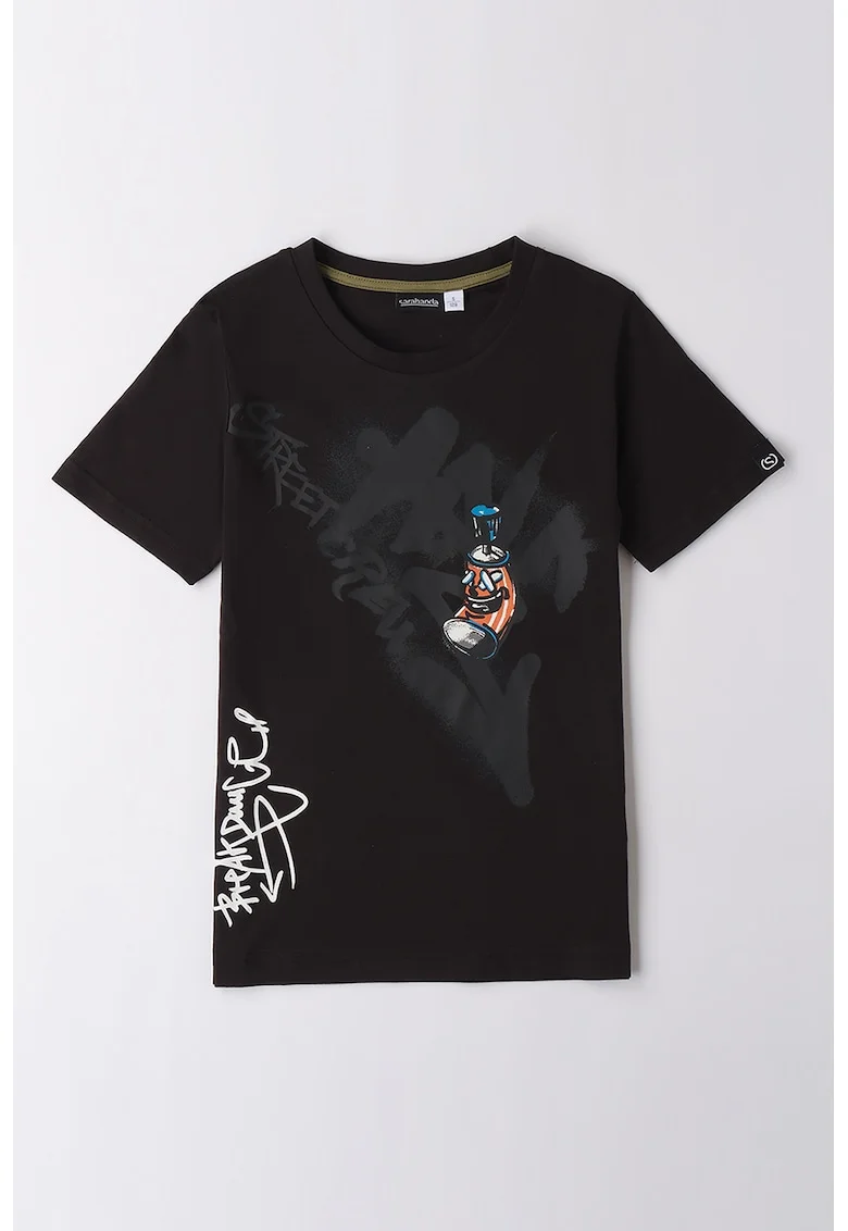 Tricou cu decolteu rotund si imprimeu, Negru/Alb murdar/Gri antracit