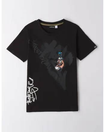 Tricou cu decolteu rotund si imprimeu, Negru/Alb murdar/Gri antracit