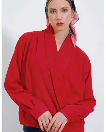 Bluze dama, HiCCUP, Bluza BDART, guler sal, croiala lejera, rosu, textil
