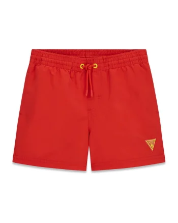 Pantaloni scurti de baie cu snur si logo brodat, Rosu vermillion