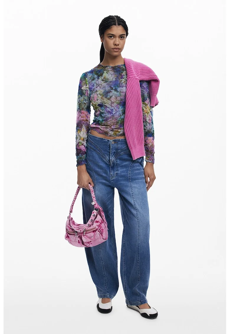 Bluza slim fit texturata, Albastru pastel/Roz pal
