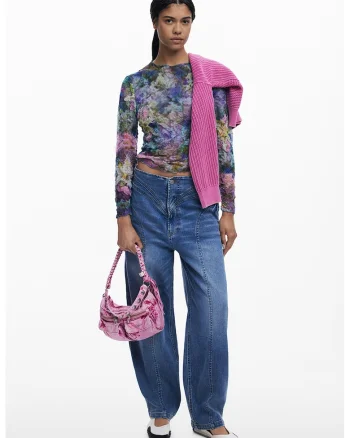Bluza slim fit texturata, Albastru pastel/Roz pal