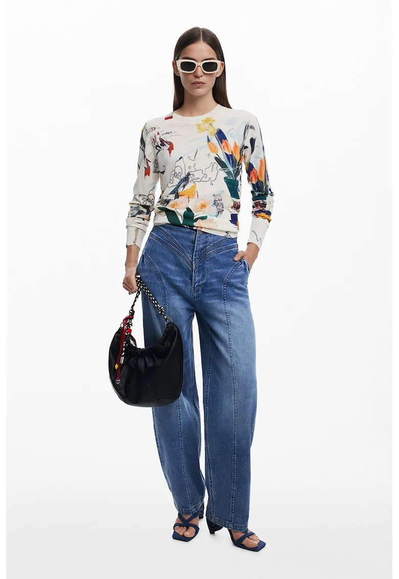 Bluza de trening cu model floral, Alb/Albastru inchis