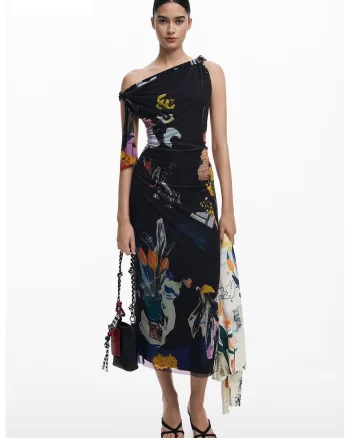 Rochie midi cu imprimeu si detalii drapate, Negru
