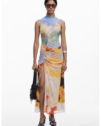 Rochie cu imprimeu si model drapat, Multicolor