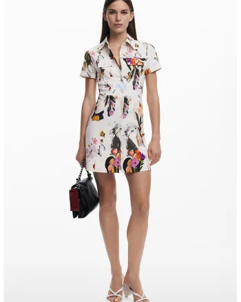 Rochie-camasa mini cu model floral, Alb/Negru stins