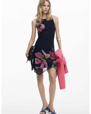 Rochie fara maneci cu model floral, Negru/Roz