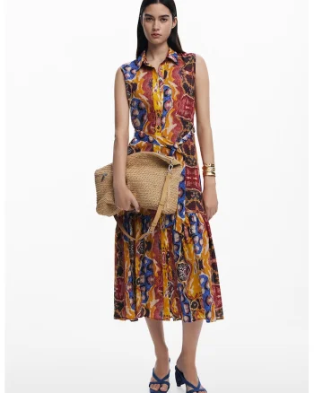 Rochie fara maneci din amestec de lyocell cu model si terminatie plisata, Multicolor