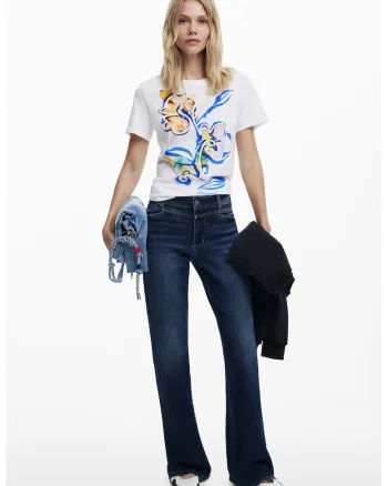 Tricou din bumbac cu model floral, Alb/Albastru