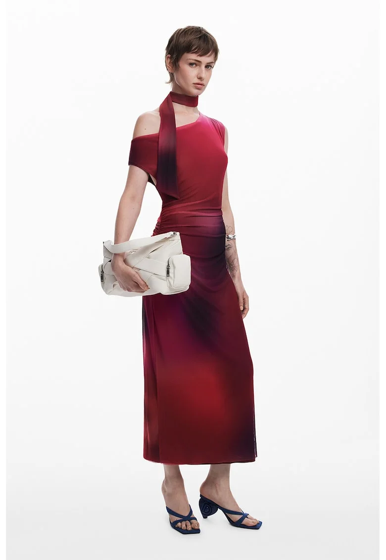Rochie midi asimetrica si drapata, Visiniu