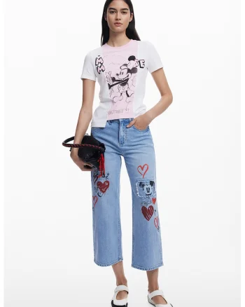 Tricou slim fit cu Mickey Mouse, Alb/Roz pal