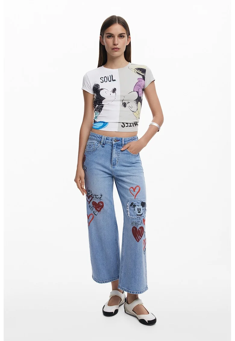 Tricou crop cambrat cu imprimeu cu Mickey&Minnie, Alb/Gri deschis