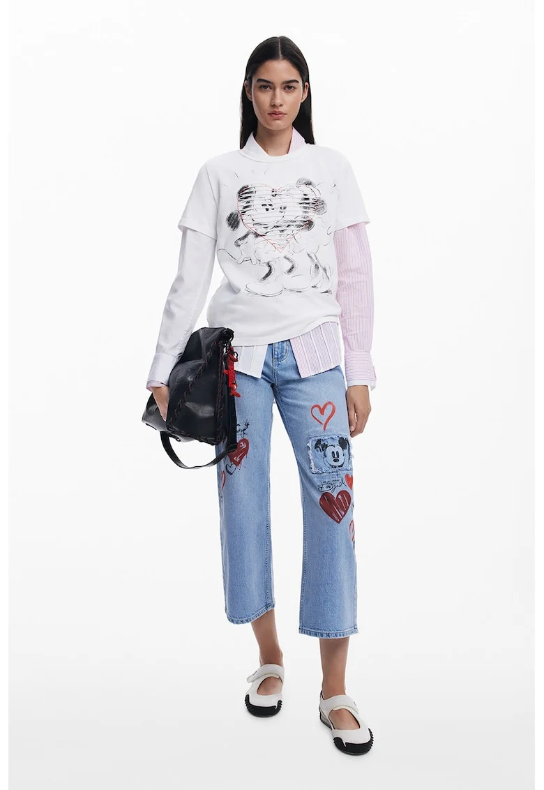Tricou din bumbac cu imprimeu cu Mickey&Minnie, Alb