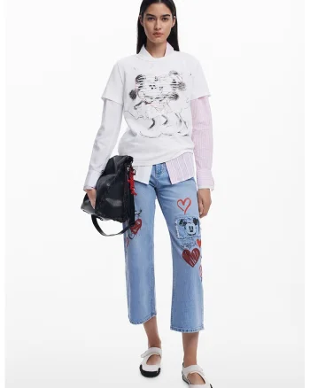 Tricou din bumbac cu imprimeu cu Mickey&Minnie, Alb