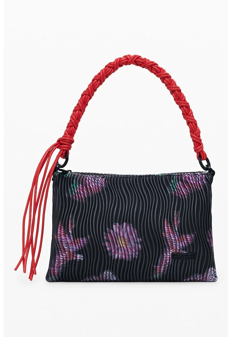 Geanta de piele ecologica cu bareta de umar si model, Negru/Violet