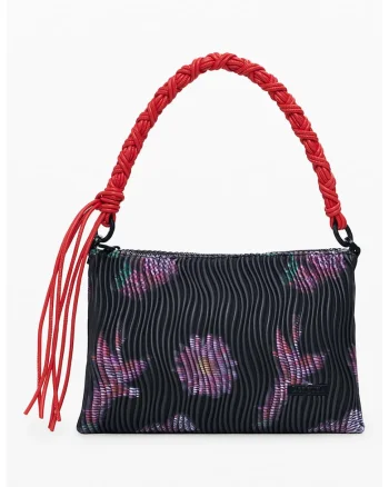 Geanta de piele ecologica cu bareta de umar si model, Negru/Violet
