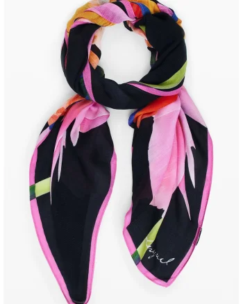 Esarfa cu imprimeu floral, Negru/Roz