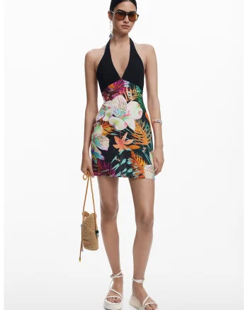 Rochie din amestec de in cu decolteu in V si model floral, Multicolor