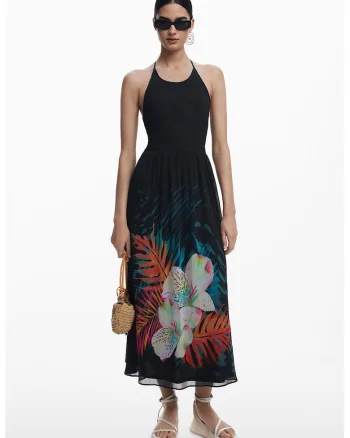 Rochie midi de plaja cu imprimeu floral, Negru