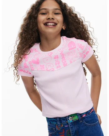 Tricou crop cu imprimeu text, Roz deschis