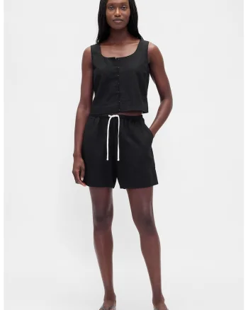 Pantaloni scurti din amestec de in cu snur, Negru,