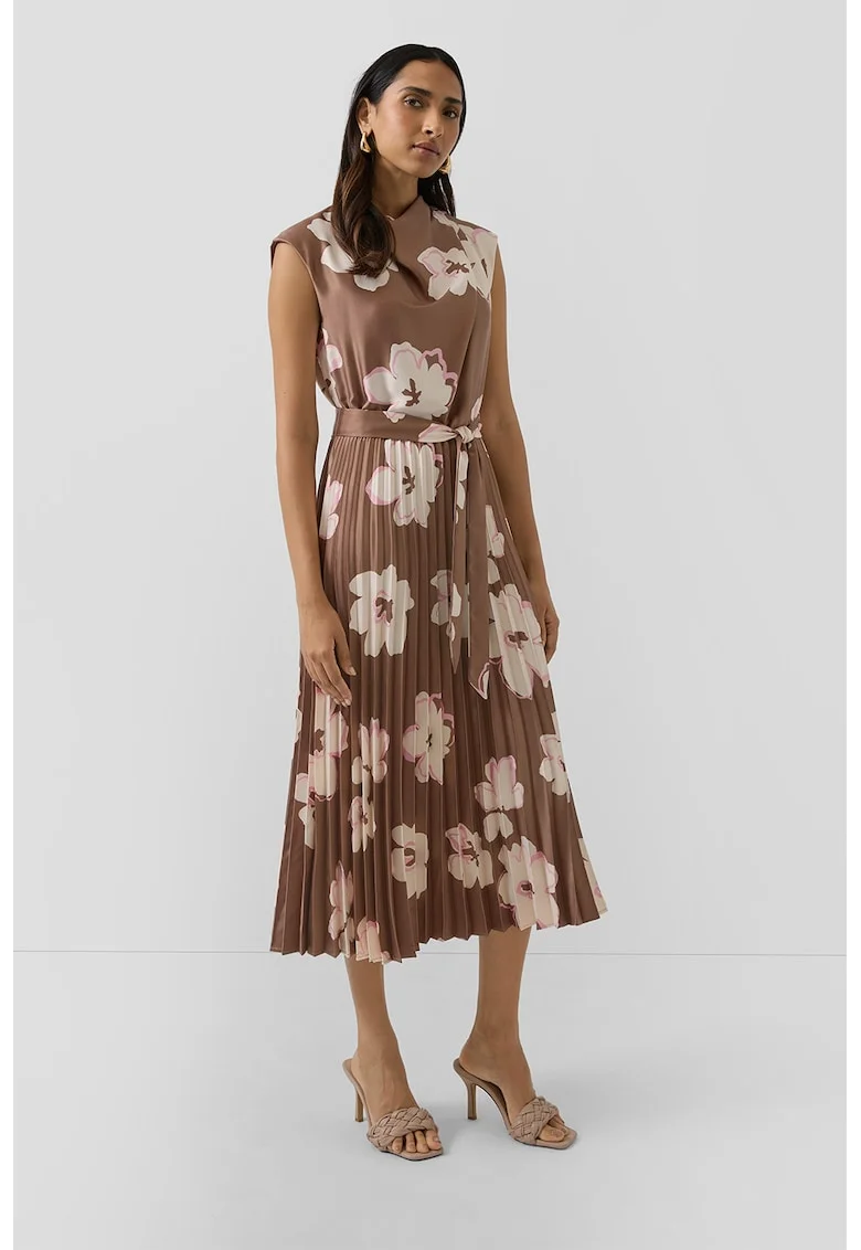 Rochie plisata cu model floral, Maro, Alb murdar,
