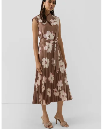 Rochie plisata cu model floral, Maro, Alb murdar,