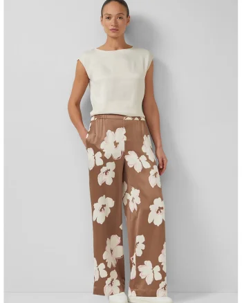 Pantaloni cu croiala ampla si imprimeu floral, Alb, Maro,