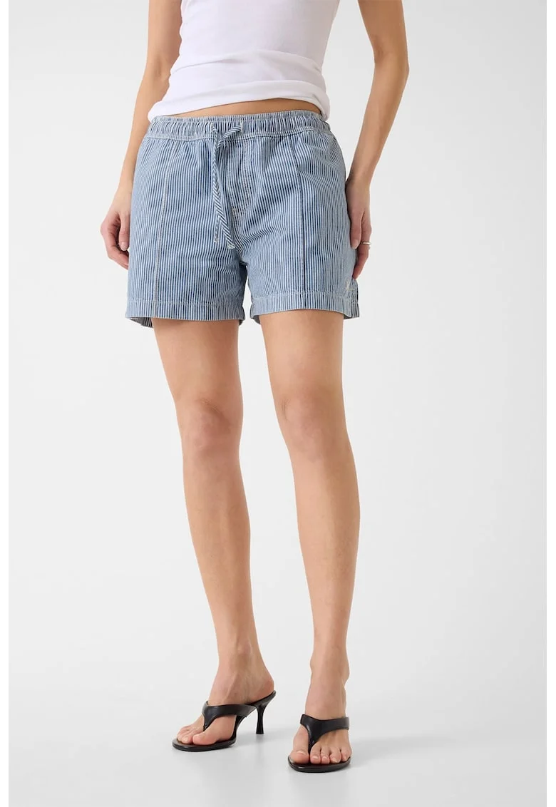 Pantaloni scurti cu snur in talie si dungi, Alb/Albastru lavanda